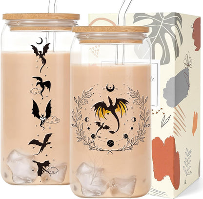 Dragon Gifts for Women Glass Cups - Glass Tumbler with Straw and Lid, Dragon Gift for Women Sister Best Friend Coworkers Bestie Teacher Birthday Graduation Christmas Holiday