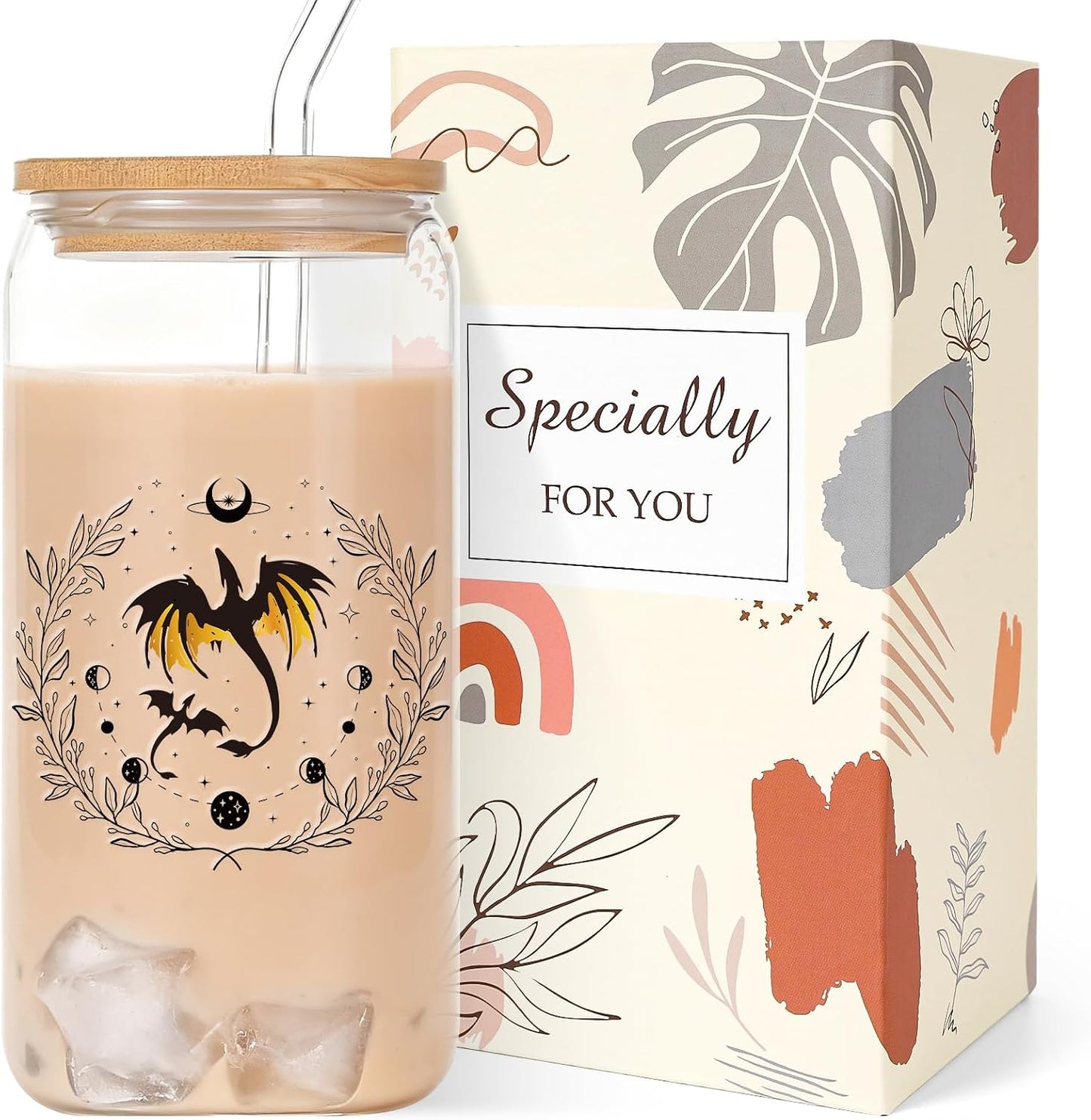 Dragon Gifts for Women Glass Cups - Glass Tumbler with Straw and Lid, Dragon Gift for Women Sister Best Friend Coworkers Bestie Teacher Birthday Graduation Christmas Holiday