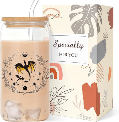 Dragon Gifts for Women Glass Cups - Glass Tumbler with Straw and Lid, Dragon Gift for Women Sister Best Friend Coworkers Bestie Teacher Birthday Graduation Christmas Holiday