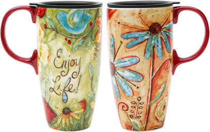 Travel Coffee Ceramic Mug Porcelain Latte Tea Cup With Lid in Box 17oz., Flower Enjoy Life, 2 Pack