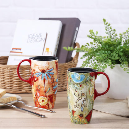 Travel Coffee Ceramic Mug Porcelain Latte Tea Cup With Lid in Box 17oz., Flower Enjoy Life, 2 Pack
