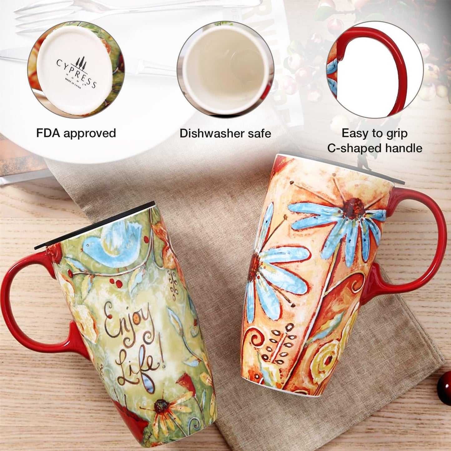 Travel Coffee Ceramic Mug Porcelain Latte Tea Cup With Lid in Box 17oz., Flower Enjoy Life, 2 Pack