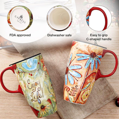 Travel Coffee Ceramic Mug Porcelain Latte Tea Cup With Lid in Box 17oz., Flower Enjoy Life, 2 Pack