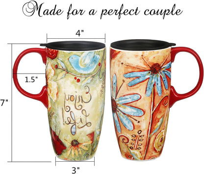 Travel Coffee Ceramic Mug Porcelain Latte Tea Cup With Lid in Box 17oz., Flower Enjoy Life, 2 Pack