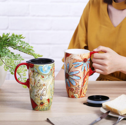 Travel Coffee Ceramic Mug Porcelain Latte Tea Cup With Lid in Box 17oz., Flower Enjoy Life, 2 Pack