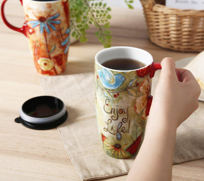 Travel Coffee Ceramic Mug Porcelain Latte Tea Cup With Lid in Box 17oz., Flower Enjoy Life, 2 Pack