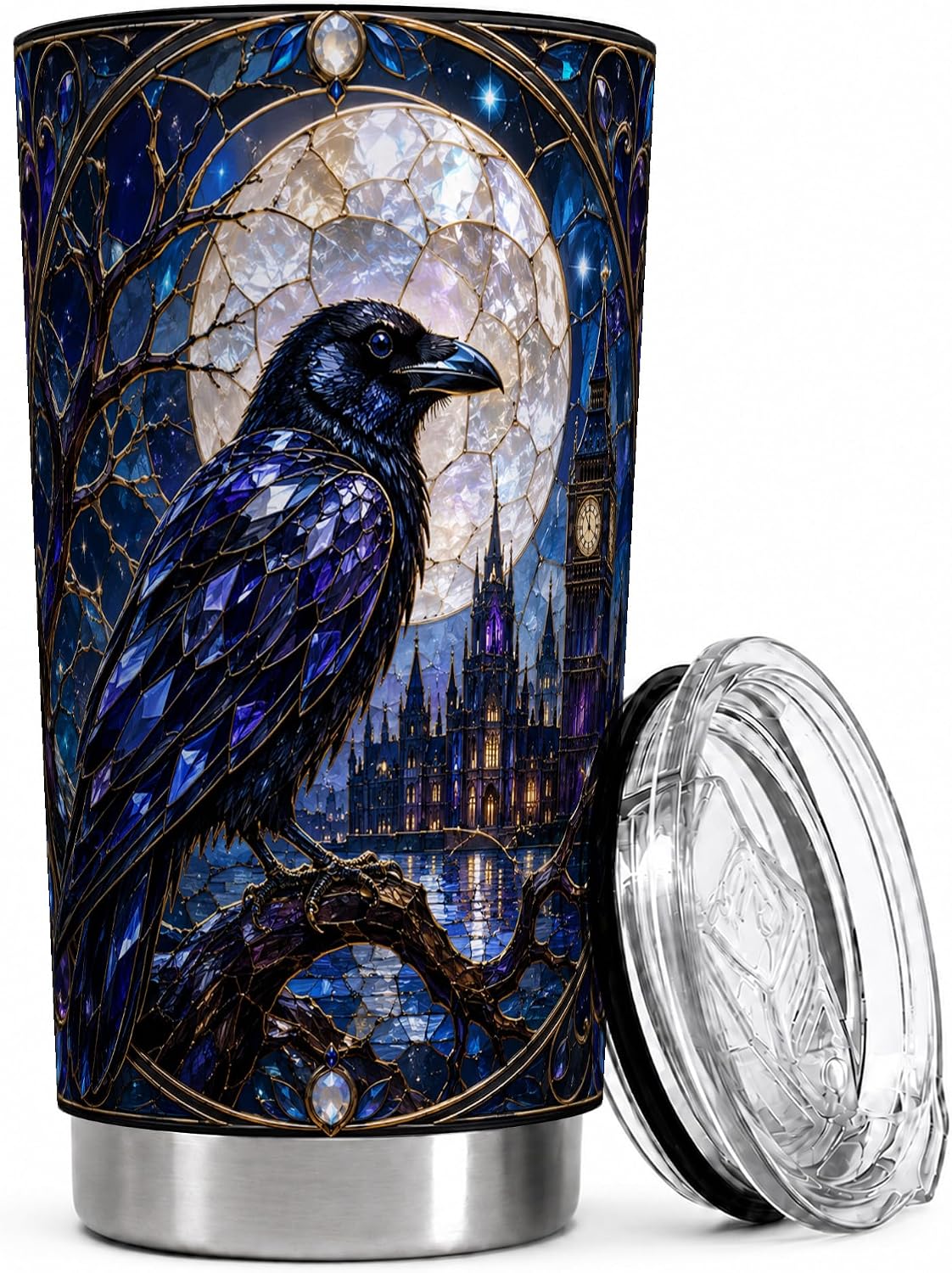 Blue Gothic Raven Tumbler 20 oz, Raven Moon Travel Cup, Office Coffee and Night Commute, Sapphire Stained Glass Bird Art with Clock Tower, Dark Fantasy Drinkware, Crow Lover Fans