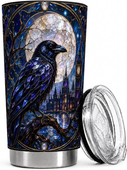 Blue Gothic Raven Tumbler 20 oz, Raven Moon Travel Cup, Office Coffee and Night Commute, Sapphire Stained Glass Bird Art with Clock Tower, Dark Fantasy Drinkware, Crow Lover Fans