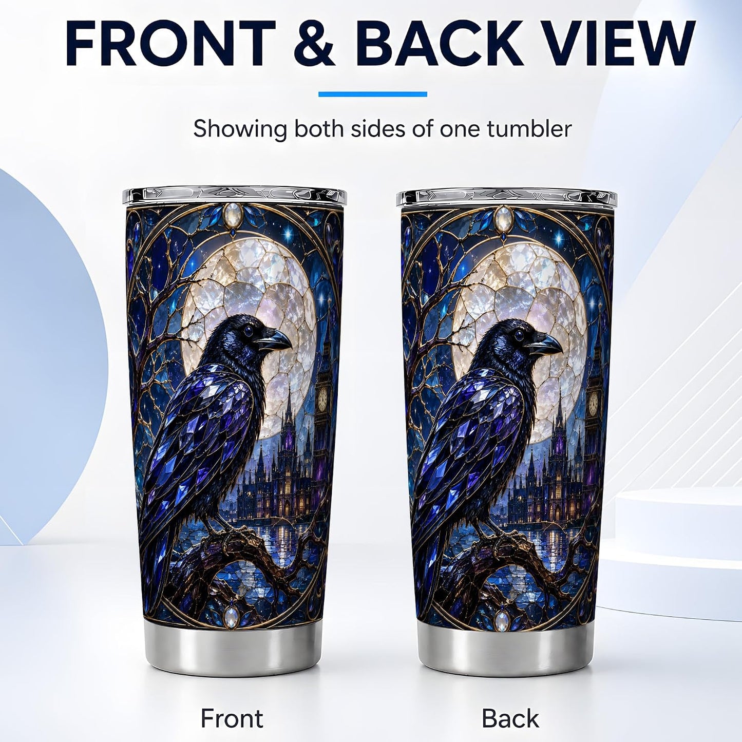 Blue Gothic Raven Tumbler 20 oz, Raven Moon Travel Cup, Office Coffee and Night Commute, Sapphire Stained Glass Bird Art with Clock Tower, Dark Fantasy Drinkware, Crow Lover Fans