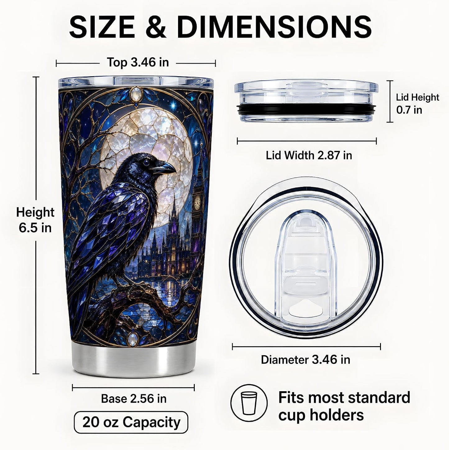 Blue Gothic Raven Tumbler 20 oz, Raven Moon Travel Cup, Office Coffee and Night Commute, Sapphire Stained Glass Bird Art with Clock Tower, Dark Fantasy Drinkware, Crow Lover Fans
