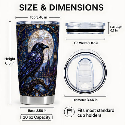 Blue Gothic Raven Tumbler 20 oz, Raven Moon Travel Cup, Office Coffee and Night Commute, Sapphire Stained Glass Bird Art with Clock Tower, Dark Fantasy Drinkware, Crow Lover Fans