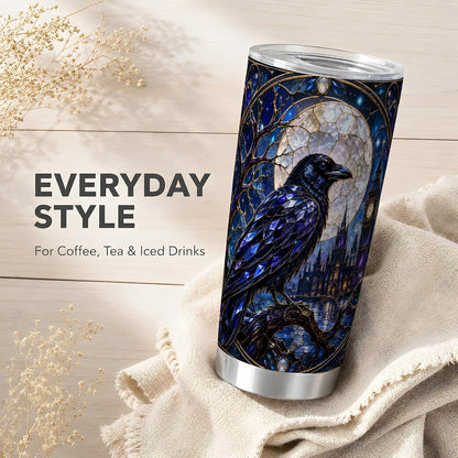 Blue Gothic Raven Tumbler 20 oz, Raven Moon Travel Cup, Office Coffee and Night Commute, Sapphire Stained Glass Bird Art with Clock Tower, Dark Fantasy Drinkware, Crow Lover Fans