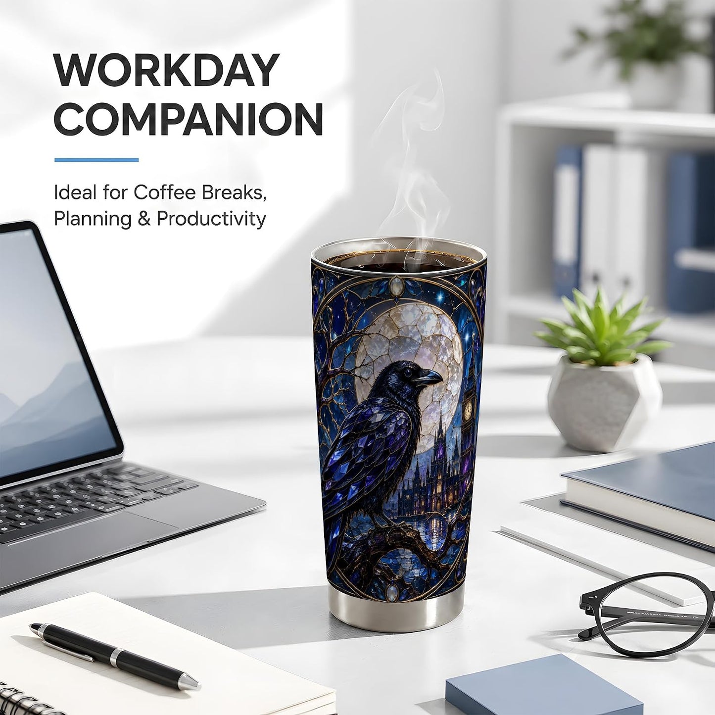 Blue Gothic Raven Tumbler 20 oz, Raven Moon Travel Cup, Office Coffee and Night Commute, Sapphire Stained Glass Bird Art with Clock Tower, Dark Fantasy Drinkware, Crow Lover Fans