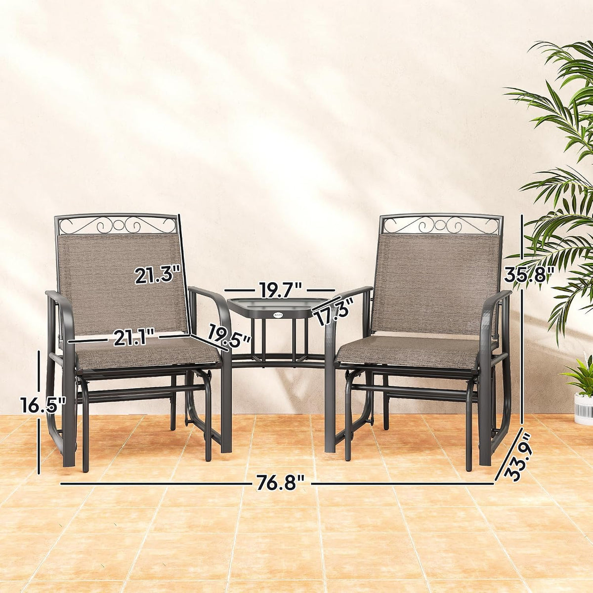 Outdoor Glider Chairs with Coffee Table Patio 2-Seat Brown
