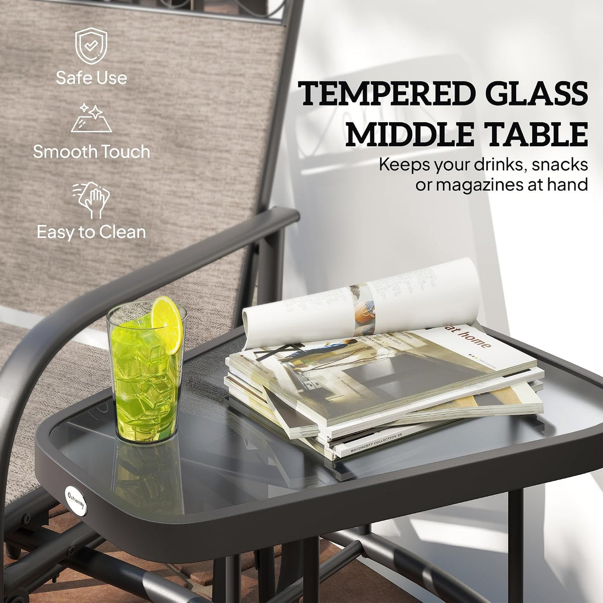Outdoor Glider Chairs with Coffee Table Patio 2-Seat Brown