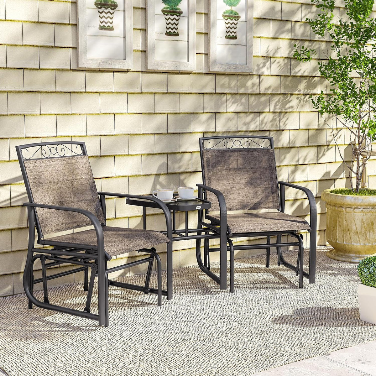 Outdoor Glider Chairs with Coffee Table Patio 2-Seat Brown