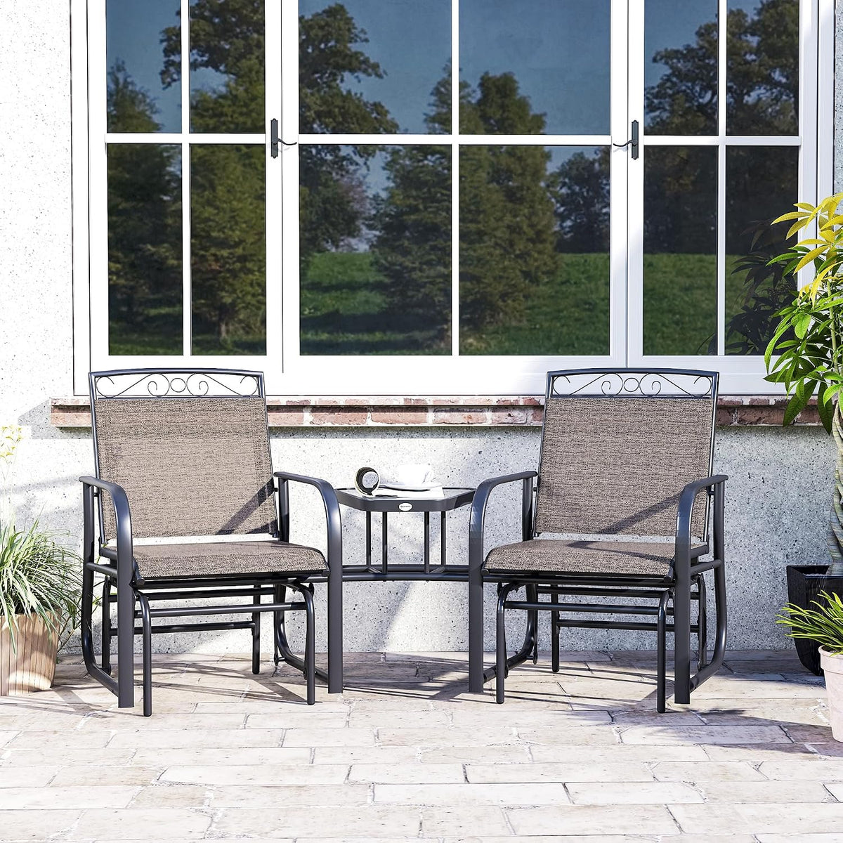 Outdoor Glider Chairs with Coffee Table Patio 2-Seat Brown
