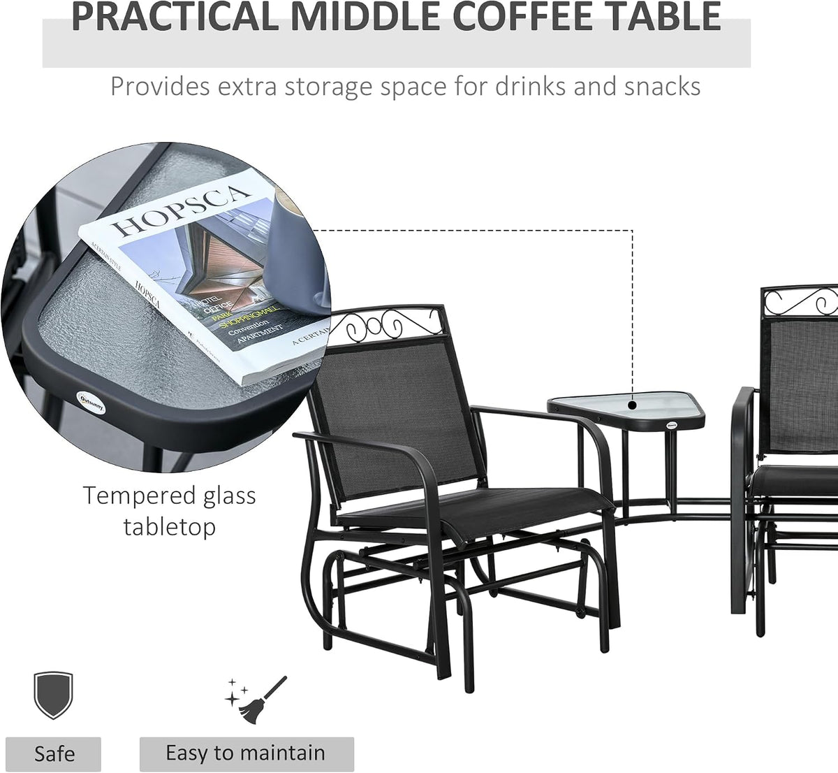 Outdoor Glider Chairs with Coffee Table Patio 2-Seat Brown