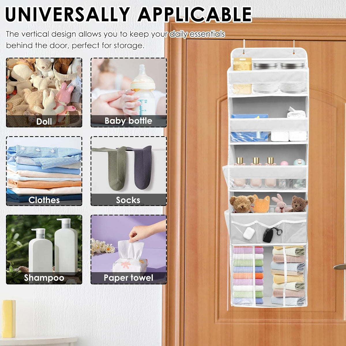 Door Hanging Organizer, Nonwoven Over the Door Organizer with Movable Baby Diaper Caddy Large Capacity Hanging Shelf for Nursery Bedroom Bathroom Pantry