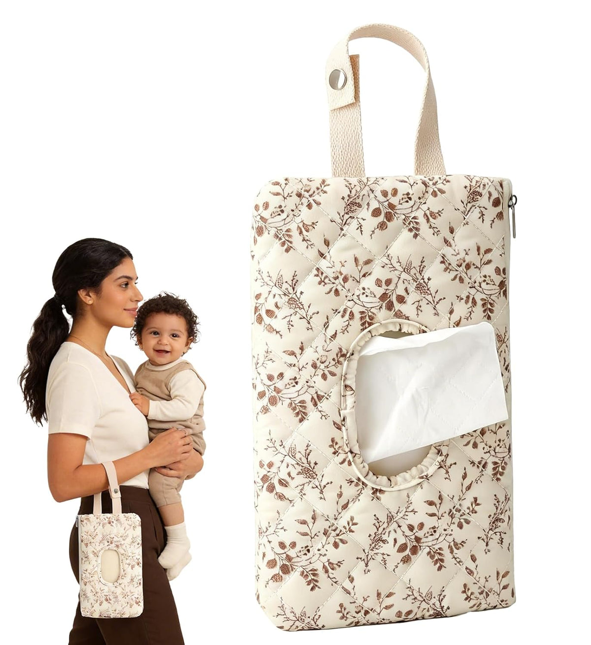 Quilted Baby Wipe Holder with Snap Handle, Diaper and Wipes Pouch, Portable Reusable Soft Cotton Floral Wet Wipes Case for Stroller, Car, Travel (Beige)