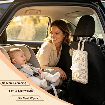 Quilted Baby Wipe Holder with Snap Handle, Diaper and Wipes Pouch, Portable Reusable Soft Cotton Floral Wet Wipes Case for Stroller, Car, Travel (Beige)