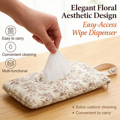 Quilted Baby Wipe Holder with Snap Handle, Diaper and Wipes Pouch, Portable Reusable Soft Cotton Floral Wet Wipes Case for Stroller, Car, Travel (Beige)