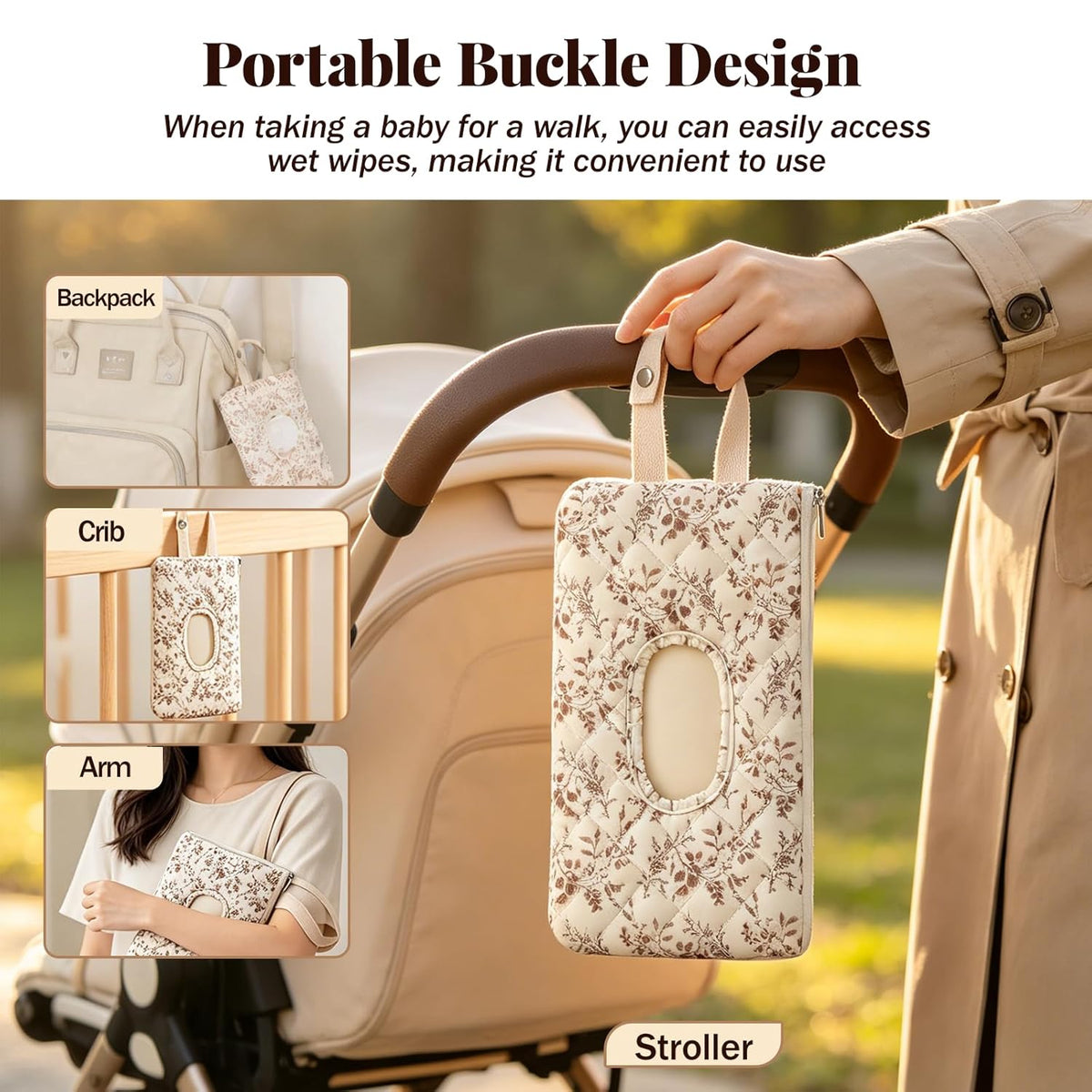 Quilted Baby Wipe Holder with Snap Handle, Diaper and Wipes Pouch, Portable Reusable Soft Cotton Floral Wet Wipes Case for Stroller, Car, Travel (Beige)