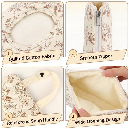 Quilted Baby Wipe Holder with Snap Handle, Diaper and Wipes Pouch, Portable Reusable Soft Cotton Floral Wet Wipes Case for Stroller, Car, Travel (Beige)