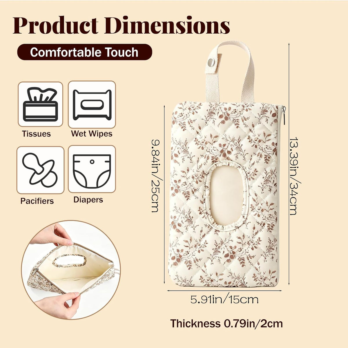 Quilted Baby Wipe Holder with Snap Handle, Diaper and Wipes Pouch, Portable Reusable Soft Cotton Floral Wet Wipes Case for Stroller, Car, Travel (Beige)