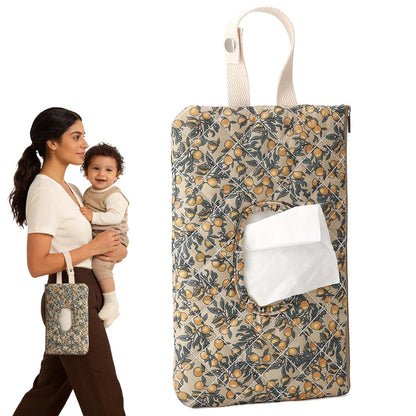 Quilted Baby Wipe Holder with Snap Handle, Diaper and Wipes Pouch, Portable Reusable Soft Cotton Floral Wet Wipes Case for Stroller, Car, Travel (Beige)