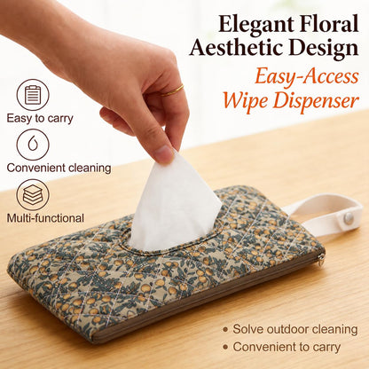 Quilted Baby Wipe Holder with Snap Handle, Diaper and Wipes Pouch, Portable Reusable Soft Cotton Floral Wet Wipes Case for Stroller, Car, Travel (Beige)