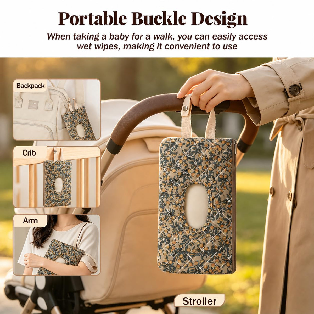 Quilted Baby Wipe Holder with Snap Handle, Diaper and Wipes Pouch, Portable Reusable Soft Cotton Floral Wet Wipes Case for Stroller, Car, Travel (Beige)