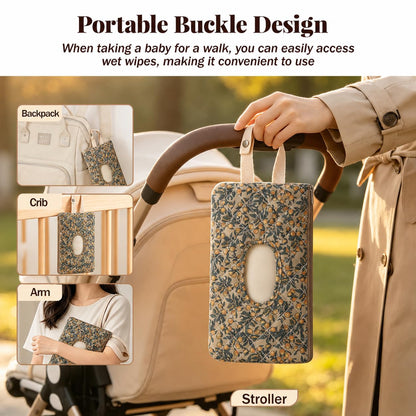Quilted Baby Wipe Holder with Snap Handle, Diaper and Wipes Pouch, Portable Reusable Soft Cotton Floral Wet Wipes Case for Stroller, Car, Travel (Beige)