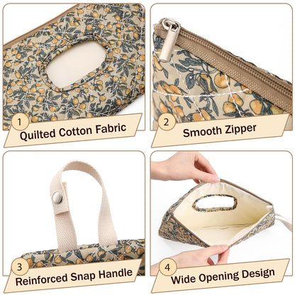 Quilted Baby Wipe Holder with Snap Handle, Diaper and Wipes Pouch, Portable Reusable Soft Cotton Floral Wet Wipes Case for Stroller, Car, Travel (Beige)