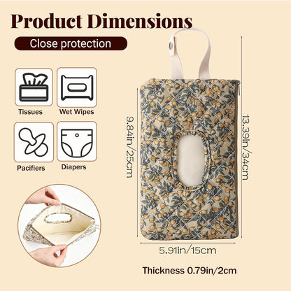 Quilted Baby Wipe Holder with Snap Handle, Diaper and Wipes Pouch, Portable Reusable Soft Cotton Floral Wet Wipes Case for Stroller, Car, Travel (Beige)