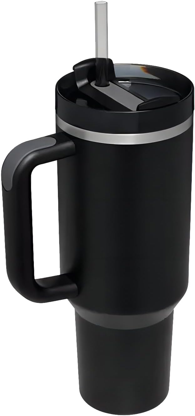Tumbler with Handle & Straw 40 oz | Twist on 3-Way Lid | Cupholder Compatible for Travel | Insulated Stainless Steel Cup | BPA-Free | for Water, Iced Tea or Coffee | Black