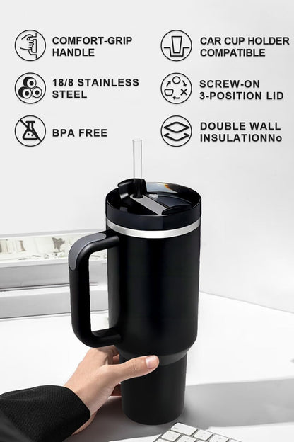 Tumbler with Handle & Straw 40 oz | Twist on 3-Way Lid | Cupholder Compatible for Travel | Insulated Stainless Steel Cup | BPA-Free | for Water, Iced Tea or Coffee | Black