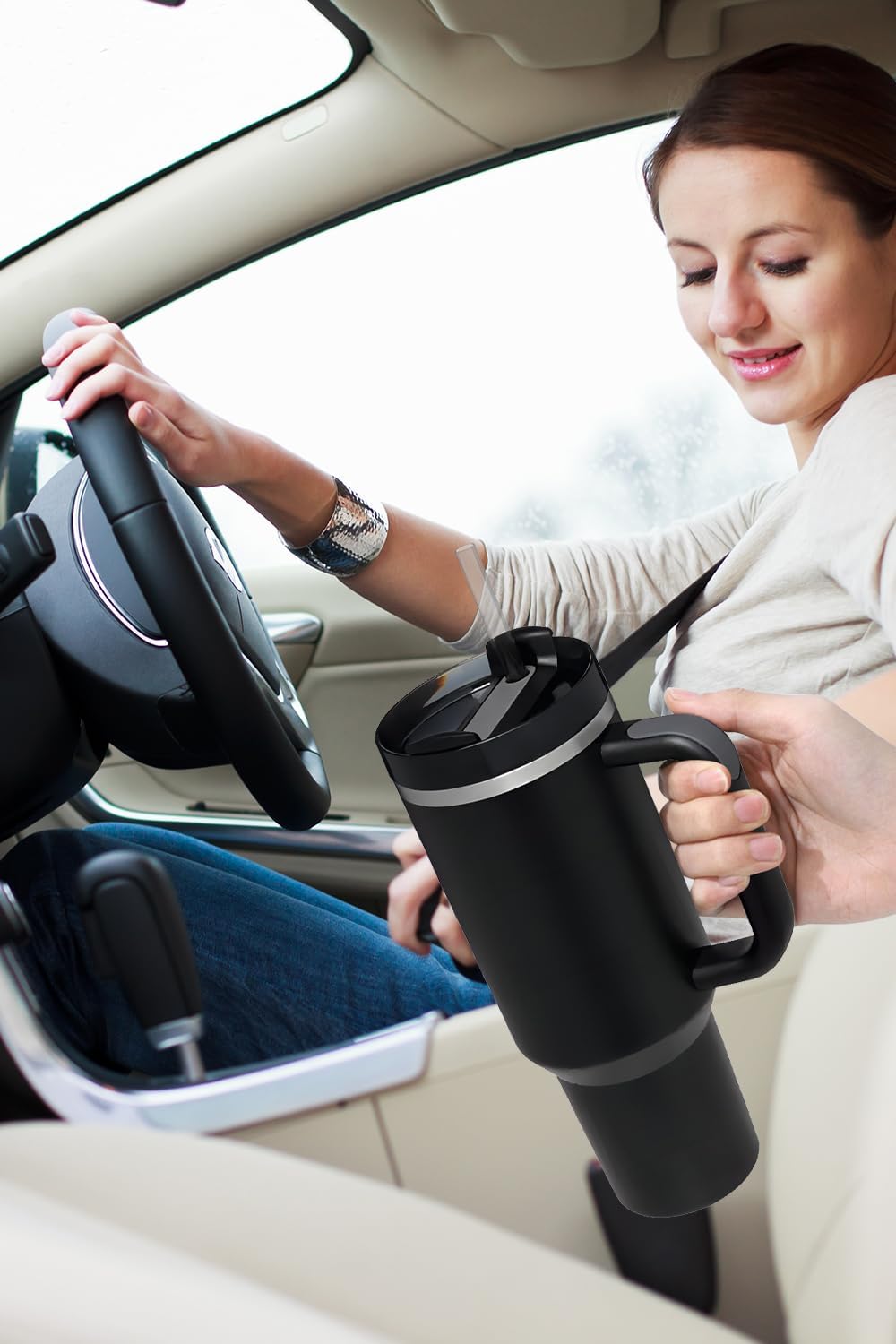 Tumbler with Handle & Straw 40 oz | Twist on 3-Way Lid | Cupholder Compatible for Travel | Insulated Stainless Steel Cup | BPA-Free | for Water, Iced Tea or Coffee | Black