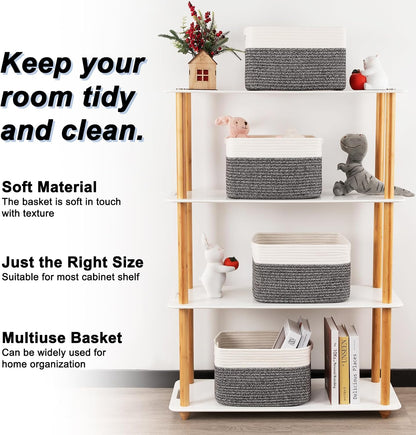4 Pack Storage Baskets for Organizing, Woven Baskets for Shelves - Perfect for Toys, Books, Towels, and Clothes, Durable Gift Basket Bins Toy Storage, 12.7''Lx9''Wx7.8''H, Brown & White