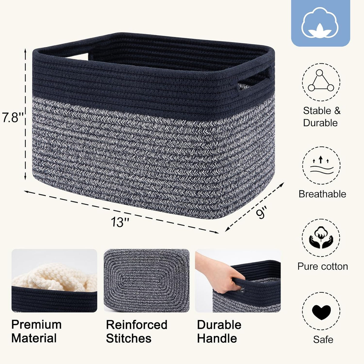 4 Pack Storage Baskets for Organizing, Woven Baskets for Shelves - Perfect for Toys, Books, Towels, and Clothes, Durable Gift Basket Bins Toy Storage, 12.7''Lx9''Wx7.8''H, Brown & White