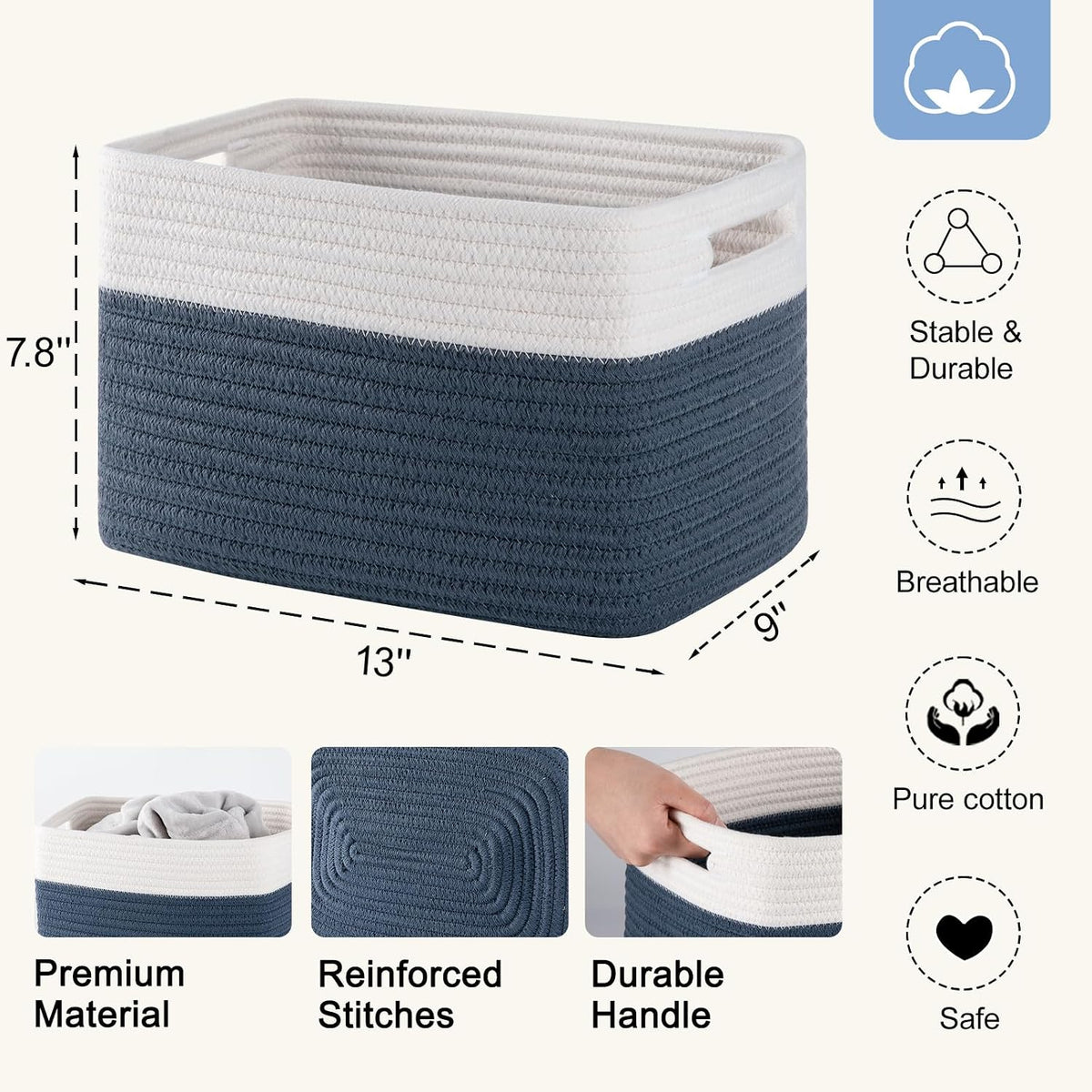 4 Pack Storage Baskets for Organizing, Woven Baskets for Shelves - Perfect for Toys, Books, Towels, and Clothes, Durable Gift Basket Bins Toy Storage, 12.7''Lx9''Wx7.8''H, Brown & White
