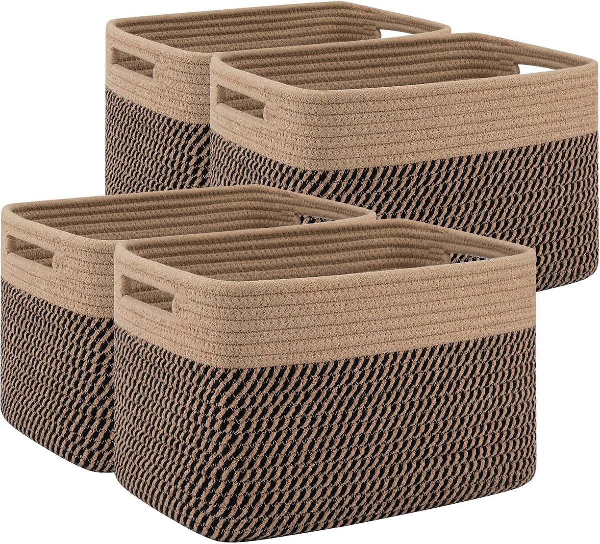 4 Pack Storage Baskets for Organizing, Woven Baskets for Shelves - Perfect for Toys, Books, Towels, and Clothes, Durable Gift Basket Bins Toy Storage, 12.7''Lx9''Wx7.8''H, Brown & White