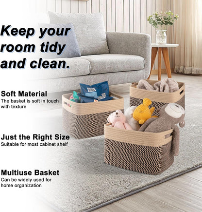 4 Pack Storage Baskets for Organizing, Woven Baskets for Shelves - Perfect for Toys, Books, Towels, and Clothes, Durable Gift Basket Bins Toy Storage, 12.7''Lx9''Wx7.8''H, Brown & White