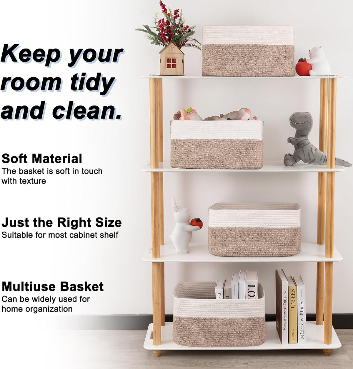 4 Pack Storage Baskets for Organizing, Woven Baskets for Shelves - Perfect for Toys, Books, Towels, and Clothes, Durable Gift Basket Bins Toy Storage, 12.7''Lx9''Wx7.8''H, Brown & White