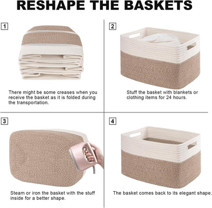 4 Pack Storage Baskets for Organizing, Woven Baskets for Shelves - Perfect for Toys, Books, Towels, and Clothes, Durable Gift Basket Bins Toy Storage, 12.7''Lx9''Wx7.8''H, Brown & White