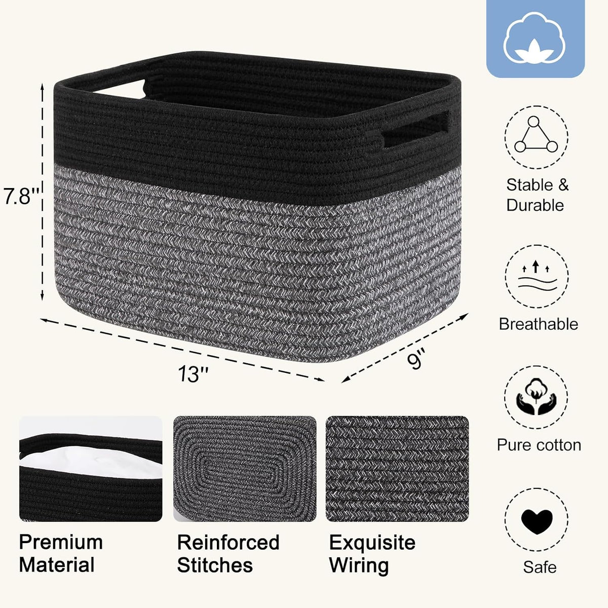 4 Pack Storage Baskets for Organizing, Woven Baskets for Shelves - Perfect for Toys, Books, Towels, and Clothes, Durable Gift Basket Bins Toy Storage, 12.7''Lx9''Wx7.8''H, Brown & White