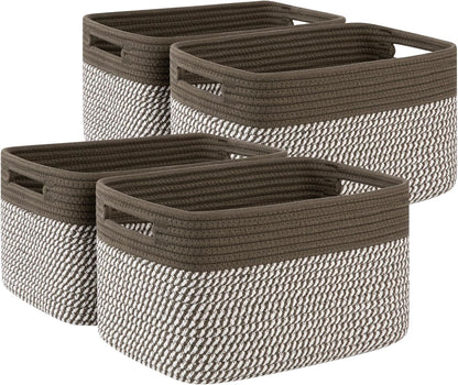 4 Pack Storage Baskets for Organizing, Woven Baskets for Shelves - Perfect for Toys, Books, Towels, and Clothes, Durable Gift Basket Bins Toy Storage, 12.7''Lx9''Wx7.8''H, Brown & White