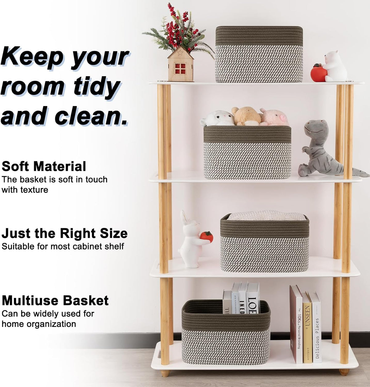 4 Pack Storage Baskets for Organizing, Woven Baskets for Shelves - Perfect for Toys, Books, Towels, and Clothes, Durable Gift Basket Bins Toy Storage, 12.7''Lx9''Wx7.8''H, Brown & White