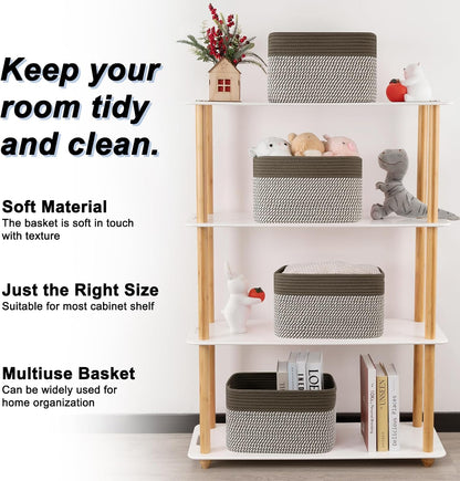 4 Pack Storage Baskets for Organizing, Woven Baskets for Shelves - Perfect for Toys, Books, Towels, and Clothes, Durable Gift Basket Bins Toy Storage, 12.7''Lx9''Wx7.8''H, Brown & White