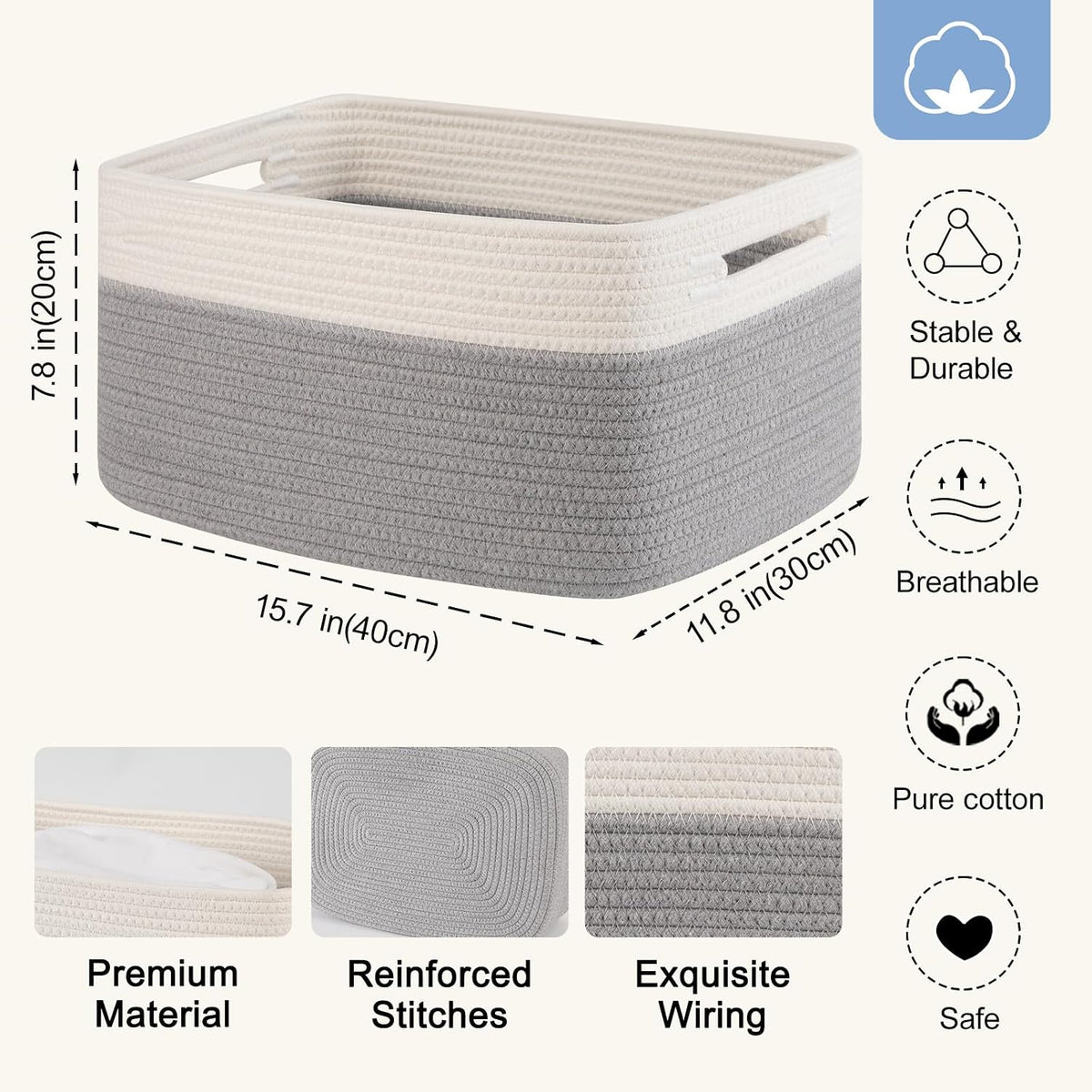 4 Pack Storage Baskets for Organizing, Woven Baskets for Shelves - Perfect for Toys, Books, Towels, and Clothes, Durable Gift Basket Bins Toy Storage, 12.7''Lx9''Wx7.8''H, Brown & White